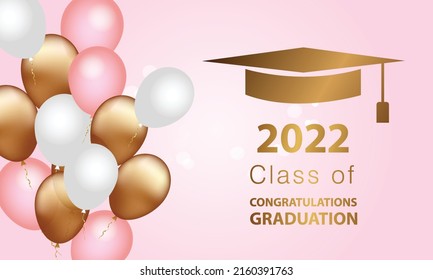 Congratulations on your graduation from school. Class of 2022. Graduation cap, confetti and balloons. Congratulatory banner. Academy of Education School of Learning