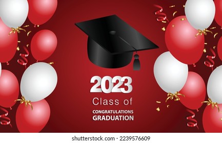 Herzlichen Glückwunsch zu Ihrem Schulabschluss. Klasse 2023. Graduationsmütze, Konfetti und Ballons. Glückwunschbanner. Akademie der Erziehungswissenschaft
