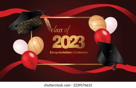 Congratulations on your graduation from school. Class of 2023. Graduation cap, confetti and balloons. Congratulatory banner. Academy of Education School of Learning