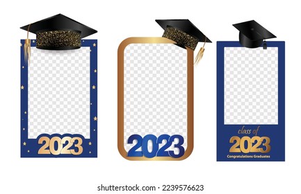 Congratulations on your graduation from school. Class of 2023. Graduation cap, confetti and balloons. Congratulatory banner. Academy of Education School of Learning