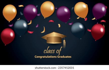 Congratulations on your graduation from school. Class of 2024. Graduation cap, confetti and balloons. Congratulatory banner. Academy of Education School of Learning	