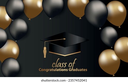 Congratulations on your graduation from school. Class of 2024. Graduation cap, confetti and balloons. Congratulatory banner. Academy of Education School of Learning	