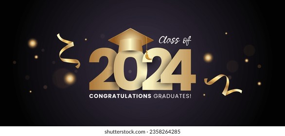 Congratulations on your graduation from school. Class of 2024. Congrats Graduates cap, confetti and balloons. Congratulatory banner. Academy of Education School of Learning