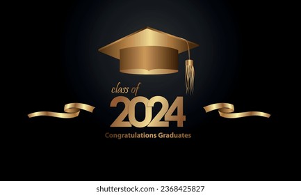 Congratulations on your graduation from school. Class of 2023. Graduation cap, confetti and balloons. Congratulatory banner. Academy of Education School of Learning