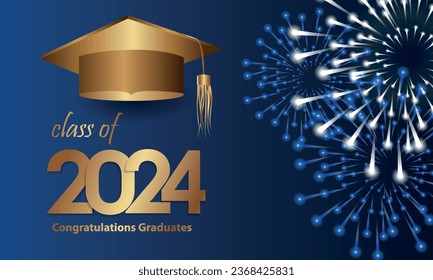 Congratulations on your graduation from school. Class of 2023. Graduation cap, confetti and balloons. Congratulatory banner. Academy of Education School of Learning