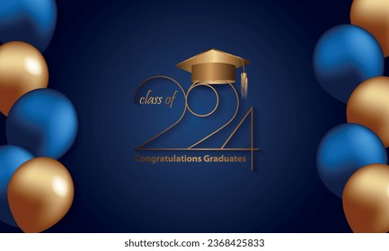 Congratulations on your graduation from school. Class of 2023. Graduation cap, confetti and balloons. Congratulatory banner. Academy of Education School of Learning