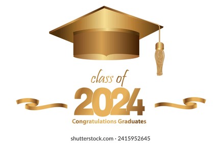 Congratulations on your graduation from school. Class of 2024. Graduation cap, confetti and balloons. Congratulatory banner. Academy of Education School of Learning	