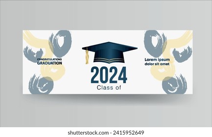 Congratulations on your graduation from school. Class of 2024. Graduation cap, confetti and balloons. Congratulatory banner. Academy of Education School of Learning	