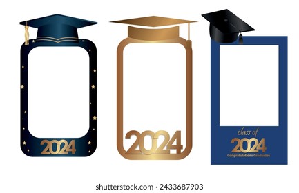 Congratulations on your graduation from school. Class of 2024. Graduation cap, confetti and balloons. Congratulatory banner. Academy of Education School of Learning