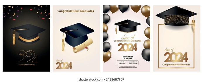 Congratulations on your graduation from school. Class of 2024. Graduation cap, confetti and balloons. Congratulatory banner. Academy of Education School of Learning