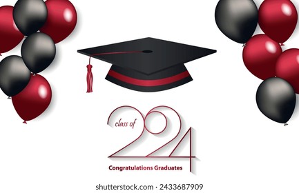 Congratulations on your graduation from school. Class of 2024. Graduation cap, confetti and balloons. Congratulatory banner. Academy of Education School of Learning
