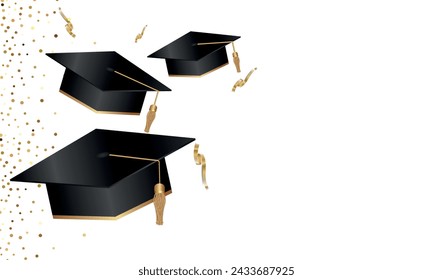 Congratulations on your graduation from school. Class of 2024. Graduation cap, confetti and balloons. Congratulatory banner. Academy of Education School of Learning