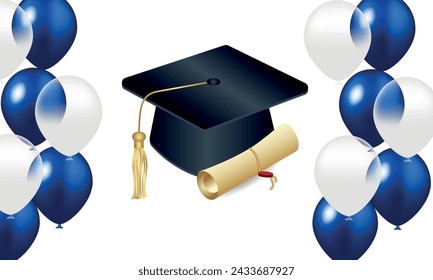 Felicidades por tu graduación de la escuela. Clase de 2024. Gorra de graduación, confeti y globos. Cartel de felicitación. Academia de Educación Escuela de Aprendizaje