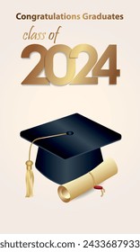 Congratulations on your graduation from school. Class of 2024. Graduation cap, confetti and balloons. Congratulatory banner. Academy of Education School of Learning