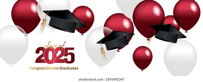 Parabéns pela sua formatura na escola. Classe de 2025. Boné de graduação, confete e balões. Banner parabenizado. Academia de Educação Escola de Aprendizagem