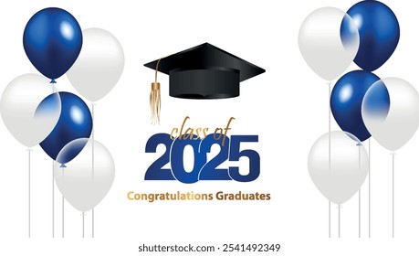 Parabéns pela sua formatura na escola. Classe de 2025. Boné de graduação, confete e balões. Banner parabenizado. Academia de Educação Escola de Aprendizagem