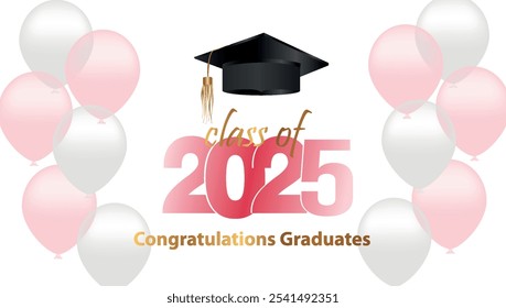 Parabéns pela sua formatura na escola. Classe de 2025. Boné de graduação, confete e balões. Banner parabenizado. Academia de Educação Escola de Aprendizagem