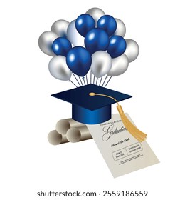 Congratulations on your graduation from school. Class of 2025. Graduation cap, confetti and balloons. Congratulatory banner. Academy of Education School of Learning