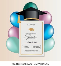 Congratulations on your graduation from school. Class of 2025. Graduation cap, confetti and balloons. Congratulatory banner. Academy of Education School of Learning