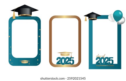 Congratulations on your graduation from school. Class of 2025. Graduation cap, confetti and balloons. Congratulatory banner. Academy of Education School of Learning