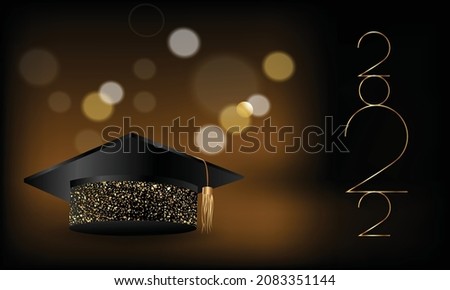 Congratulations on your graduation from school. Class of 2022. Graduation cap, confetti and balloons. Congratulatory banner. Academy of Education School of Learning