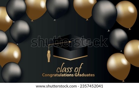Congratulations on your graduation from school. Class of 2024. Graduation cap, confetti and balloons. Congratulatory banner. Academy of Education School of Learning	