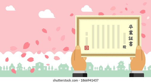 Congratulations on your graduation. vector banner illustration. Translation: graduation certificate, Mr. or Miss,   Proof.