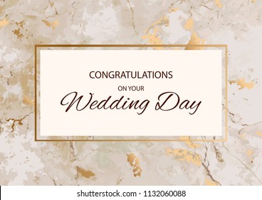 Congratulations On Your Wedding Day With Marble Stone Texture With Gold Frame. Vector Illustration Design.