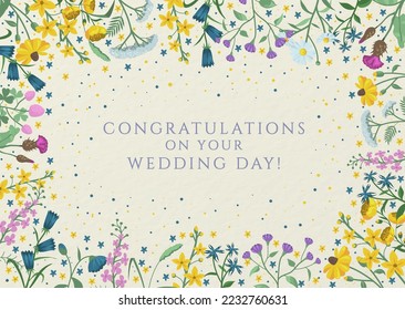 Congratulations on your Wedding Day Card - Pretty Dainty Floral Wildflowers Botanical - Blue and Yellow - Marriage Gift Vector Illustration