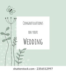 Felicidades por tu boda. Tarjeta de saludo con flores dibujadas con cariño y mariposa en verde pastel.
