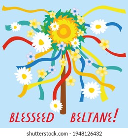 Congratulations with the pagan wiccan festival and holiday called Beltane. Design of banner, template or greeting card. 