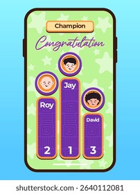 Congratulations page scoreboard bar chart winner top score mobile apps smartphone application user interface for children colorful design UI 