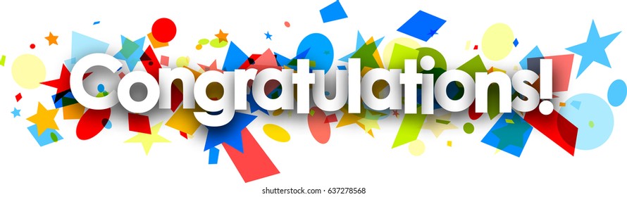 Congratulations paper banner with colorful confetti. Vector illustration.