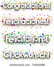 Congratulations paper banner with colorful confetti, Spanish, French, German. Vector illustration.