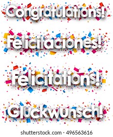 Congratulations paper banners, Spanish, French, German. Vector illustration.