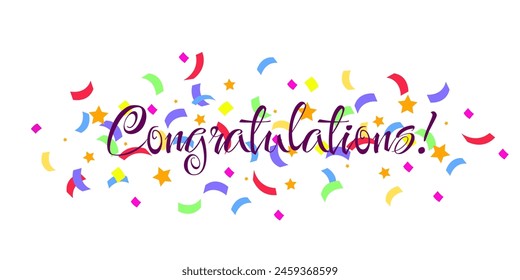 Congratulations paper confetti sign. Congratulations confetti banner. Congrats card with color confetti, congratulation lettering banner