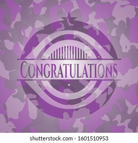 Congratulations pink and purple on camouflaged pattern. Vector Illustration. Detailed.