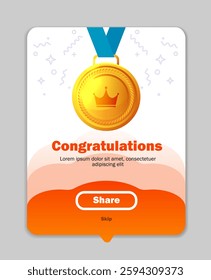 Congratulations pop up banner. Digital UI element with gold medal for receiving award and gift. User friendly design material. Cartoon flat vector illustration isolated on background