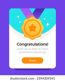 Congratulations pop up banner. Pop up notification for receiving reward or gift. Website User Interface Design with Gold Medal. Flat vector illustration isolated on background