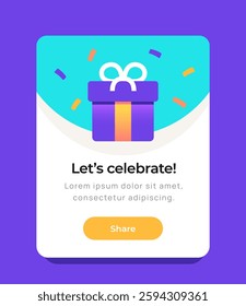 Congratulations pop up banner. Pop up notification for receiving reward or gift. Website User Interface Design with a gift box with present or surprise. Flat vector illustration isolated on background