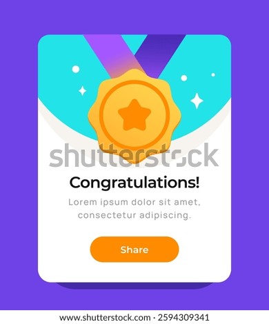 Congratulations pop up banner. Pop up notification for receiving reward or gift. Website User Interface Design with Gold Medal. Flat vector illustration isolated on background