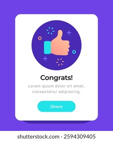 Congratulations pop up banner. Website User Interface Design with Thumbs Up. Pop up notification for receiving reward or gift. Flat vector illustration isolated on background