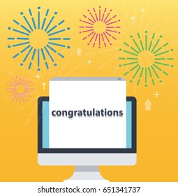 congratulations pop up on screen computer and yellow background, successful business concept illustration
