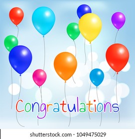 Congratulations postcard colorful balloons flying in blue sky, rubber balloon with helium on blurred background vector illustration inflatable objects