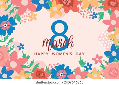 Congratulations, postcard on March 8th with a frame of creative flowers. Vector.