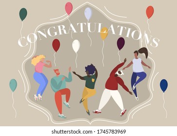 Congratulations postcard. People jumping and dancing at party illustration. Simple flat woman man character vector cartoon style. Person festive scene celebration cute picture clip art graphic element