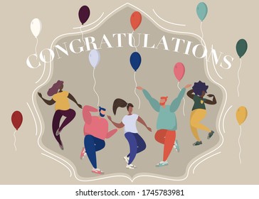 Congratulations postcard. People jumping and dancing at party illustration. Simple flat woman man character vector cartoon style. Person festive scene celebration cute picture clip art graphic element