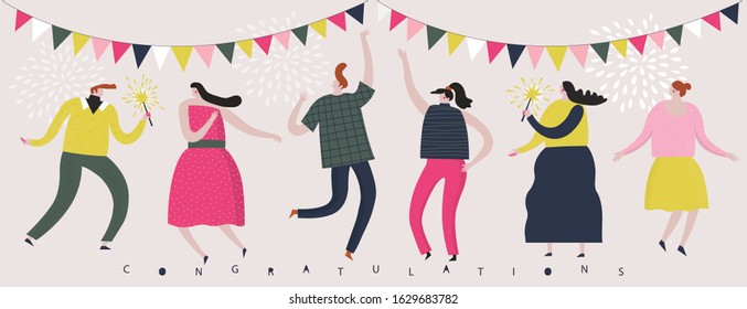 Congratulations Print Design. Group of happy, joyful people celebrating holiday, event. Flat design style minimal vector illustration