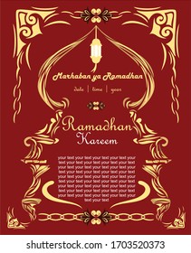 Congratulations Ramadhan or Ramadhan Kareem and Illustration of Ramadhan Kareem with mosque Vector moon star and golden lantern lights with red background