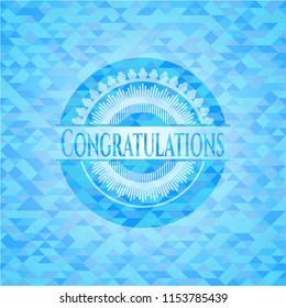 Congratulations realistic light blue emblem. Mosaic background